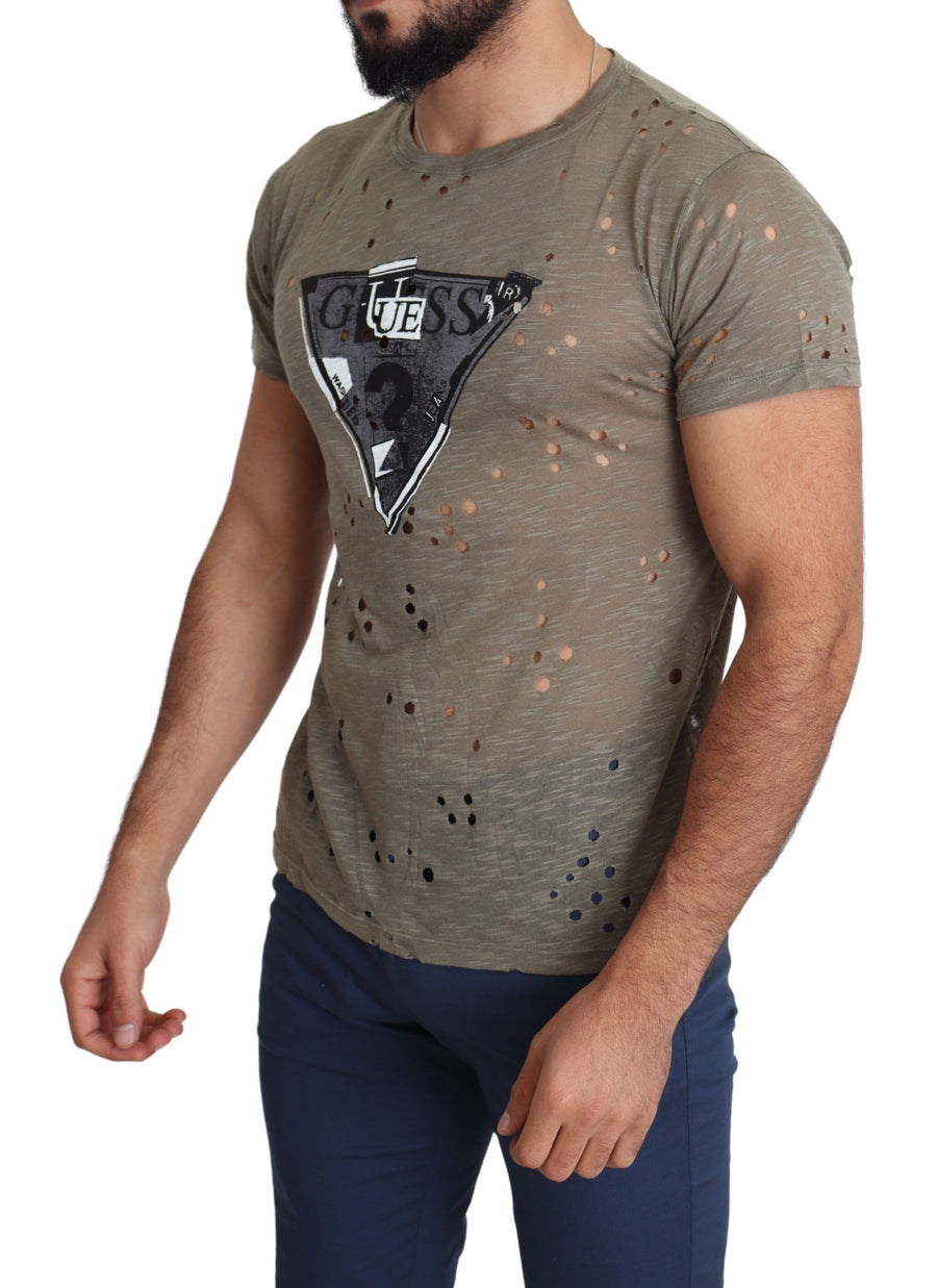 Guess Men's Brown Cotton Stretch T-Shirt with Logo Print Casual Perforated T-Shirt