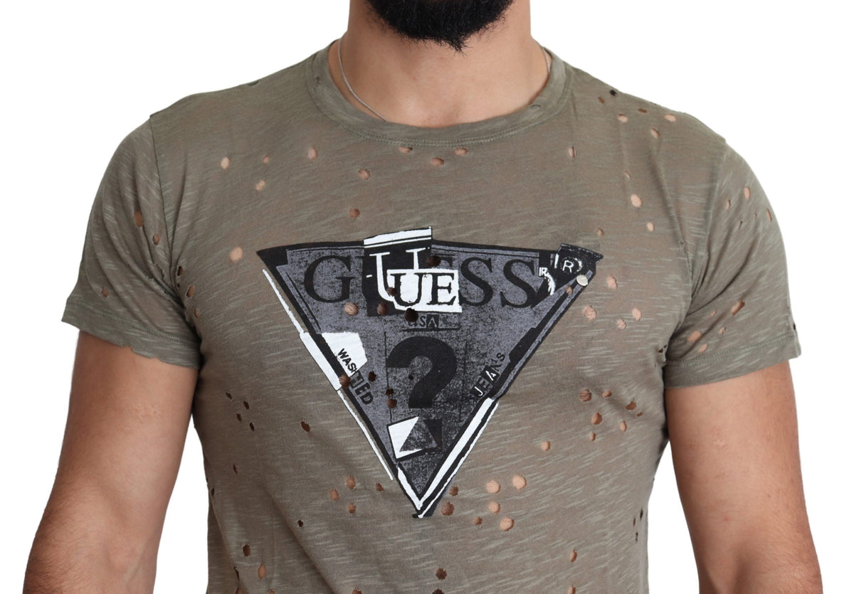 Guess Men's Brown Cotton Stretch T-Shirt with Logo Print Casual Perforated T-Shirt