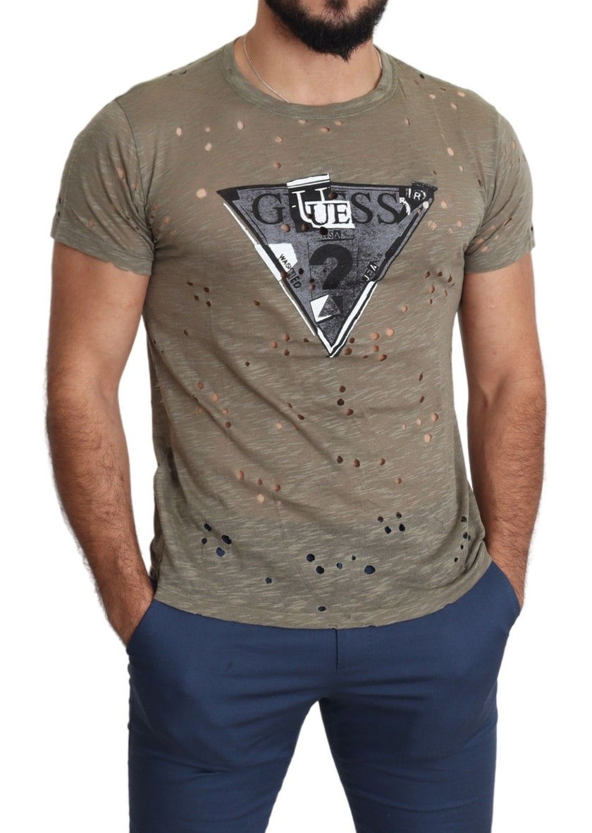 Guess Braunes Baumwoll-Stretch-T-Shirt mit Logodruck für Männer Casual Perforated T-Shirt