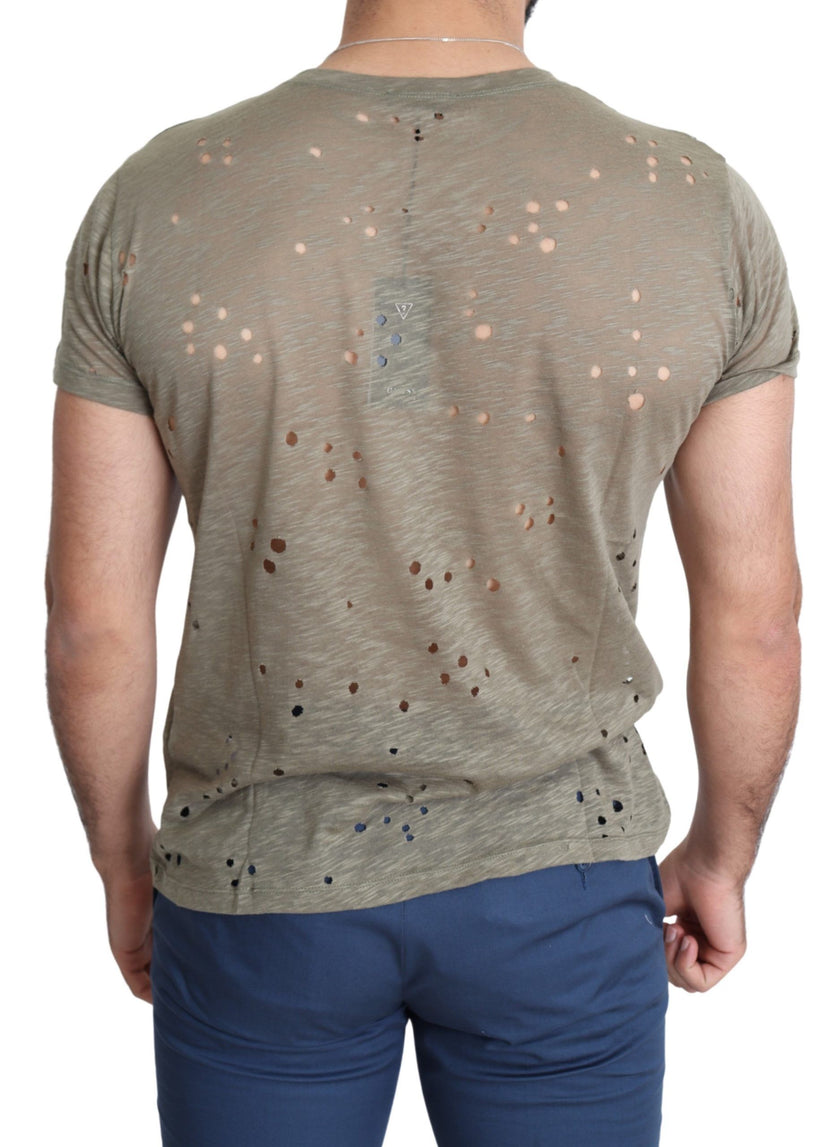 Guess Braunes Baumwoll-Stretch-T-Shirt mit Logodruck für Männer Casual Perforated T-Shirt