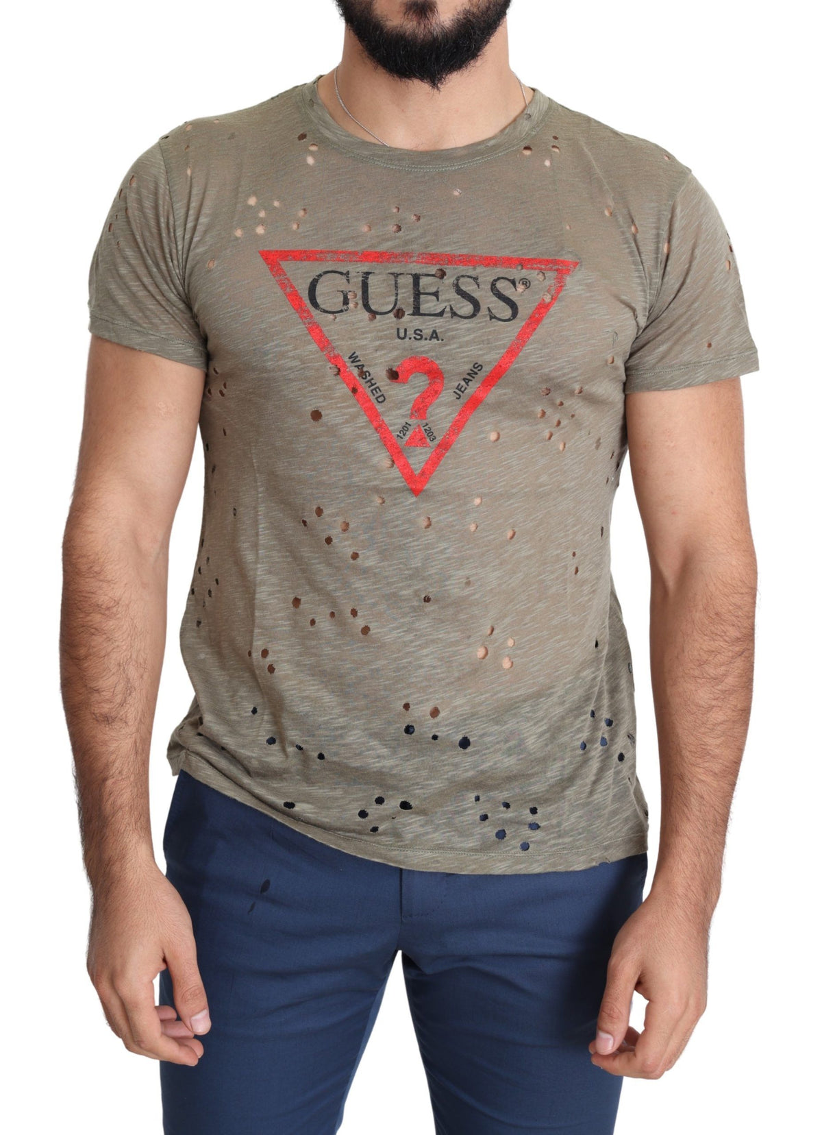 Guess Men's Brown Cotton Stretch T-Shirt with Logo Print Casual Perforated T-Shirt
