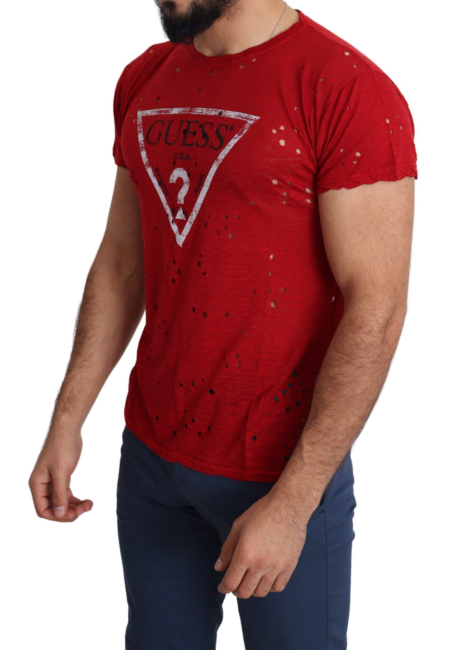 Guess Red Cotton Logo Print Men's Casual Top Perforated T-Shirt