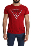 Guess Rotes Baumwoll-Logo Print Männer Casual Top Perforiertes T-Shirt