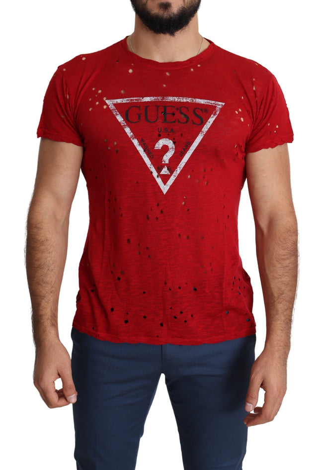 Guess Red Cotton Logo Print Men's Casual Top Perforated T-Shirt