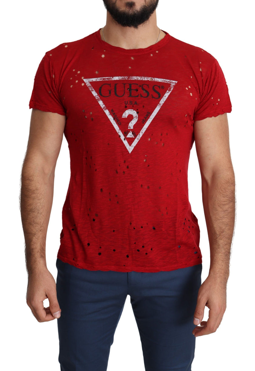 Guess Rotes Baumwoll-Logo Print Männer Casual Top Perforiertes T-Shirt