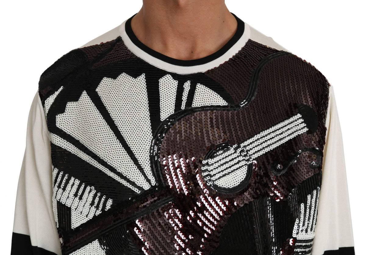 Dolce & Gabbana White Jazz Sequin Guitar Jumper Top Pullover