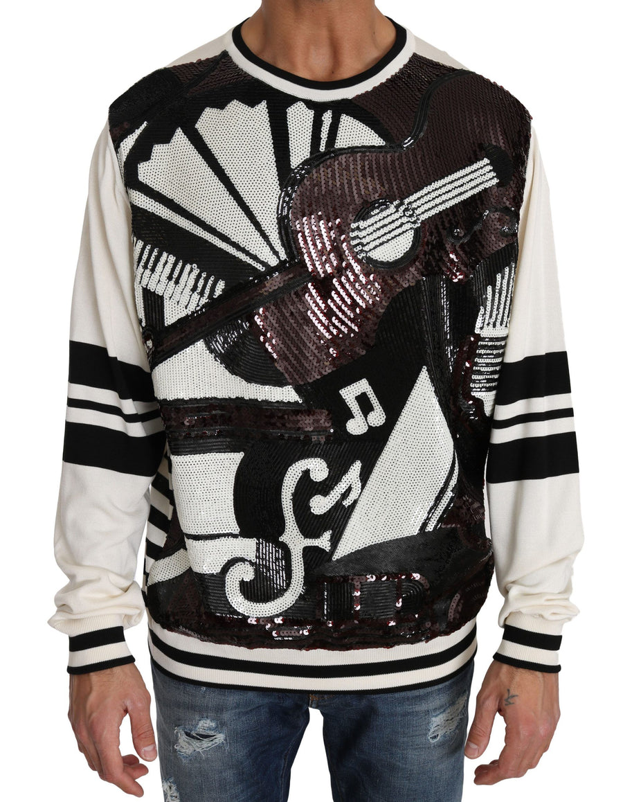 Dolce & Gabbana White Jazz Sequin Guitar Jumper Top Pullover
