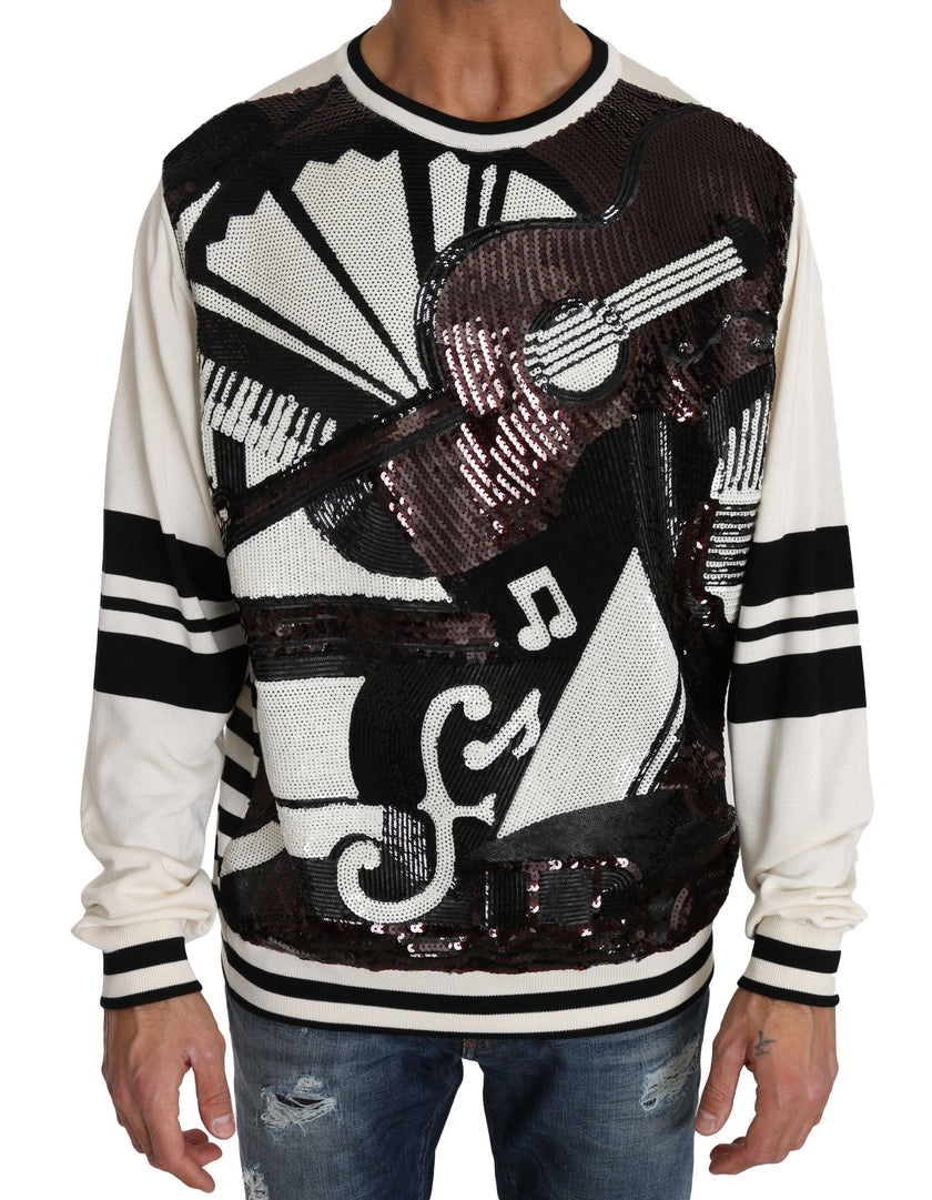 Dolce & Gabbana Weißer Jazz Pailletten-Gitarren-Pullover Top Pullover
