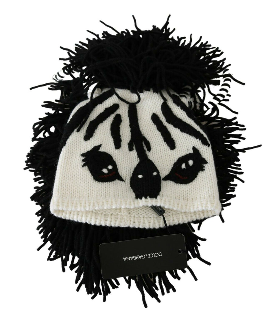 Dolce & Gabbana Schwarz-weiß gestrickte Kaschmir-Mütze mit Tiermotiv