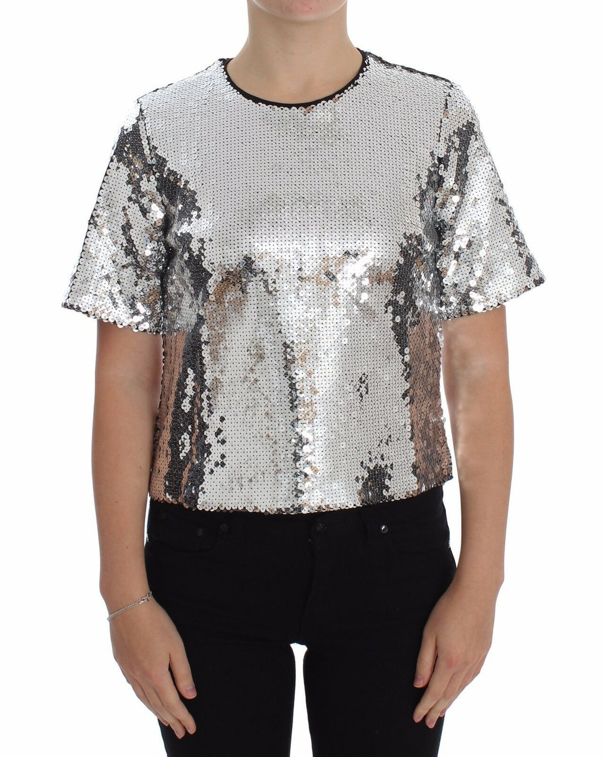 Dolce & Gabbana Silver Sequined Crew Neck T-Shirt Top