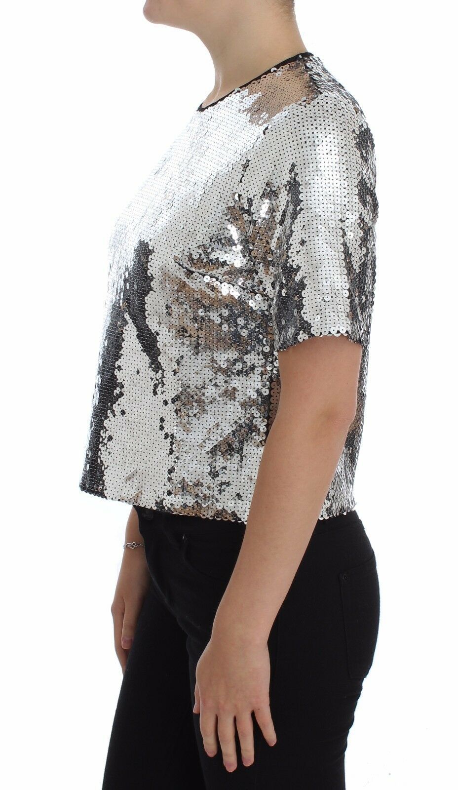 Dolce & Gabbana Silver Sequined Crew Neck T-Shirt Top