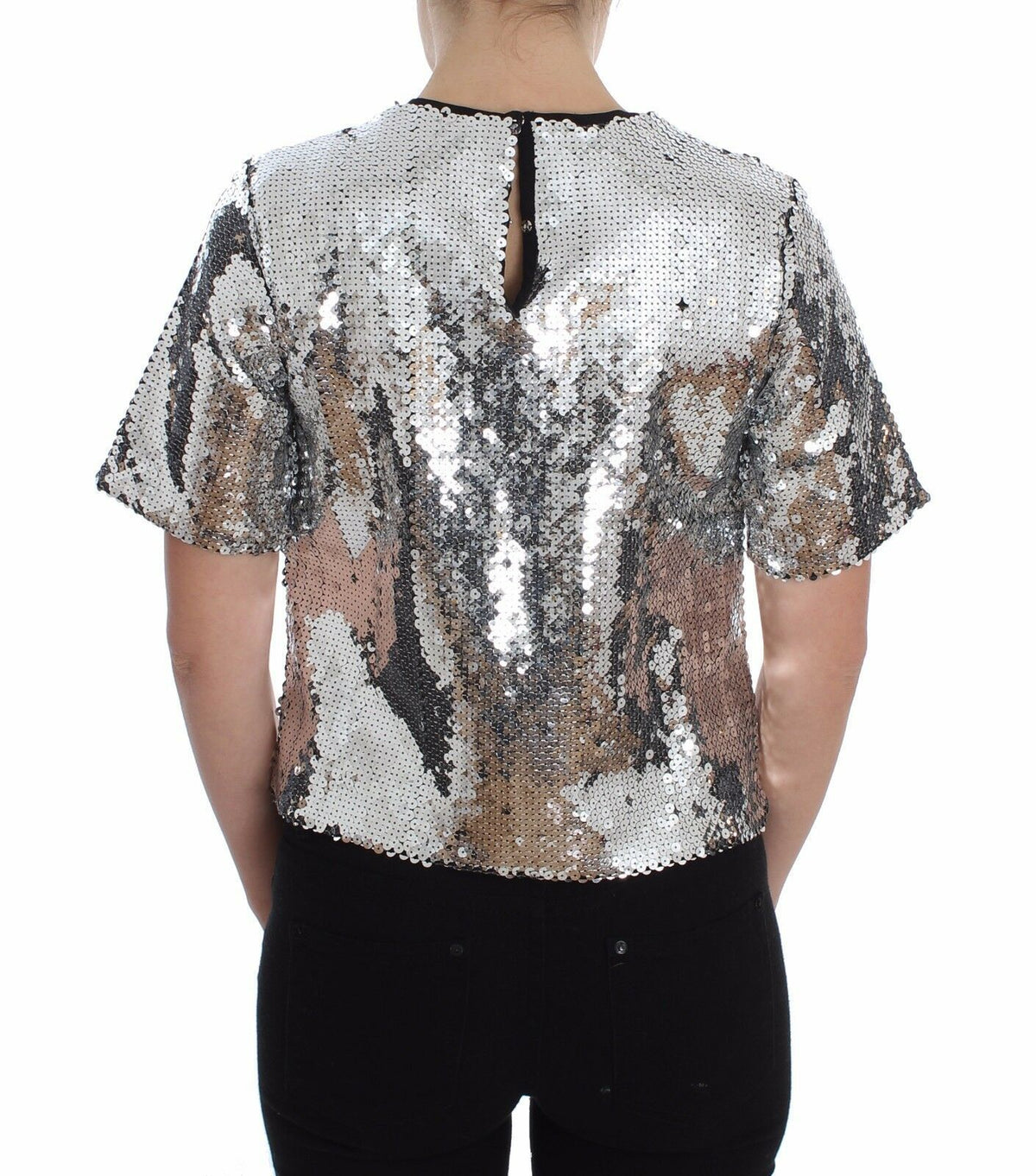 Dolce & Gabbana Silver Sequined Crew Neck T-Shirt Top