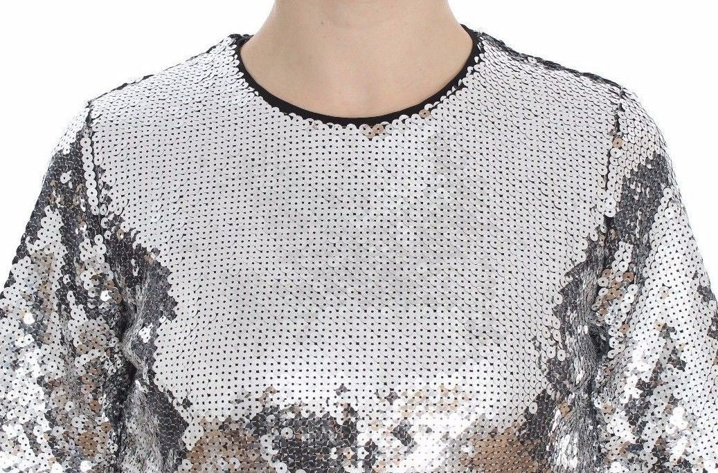 Dolce & Gabbana Silver Sequined Crew Neck T-Shirt Top