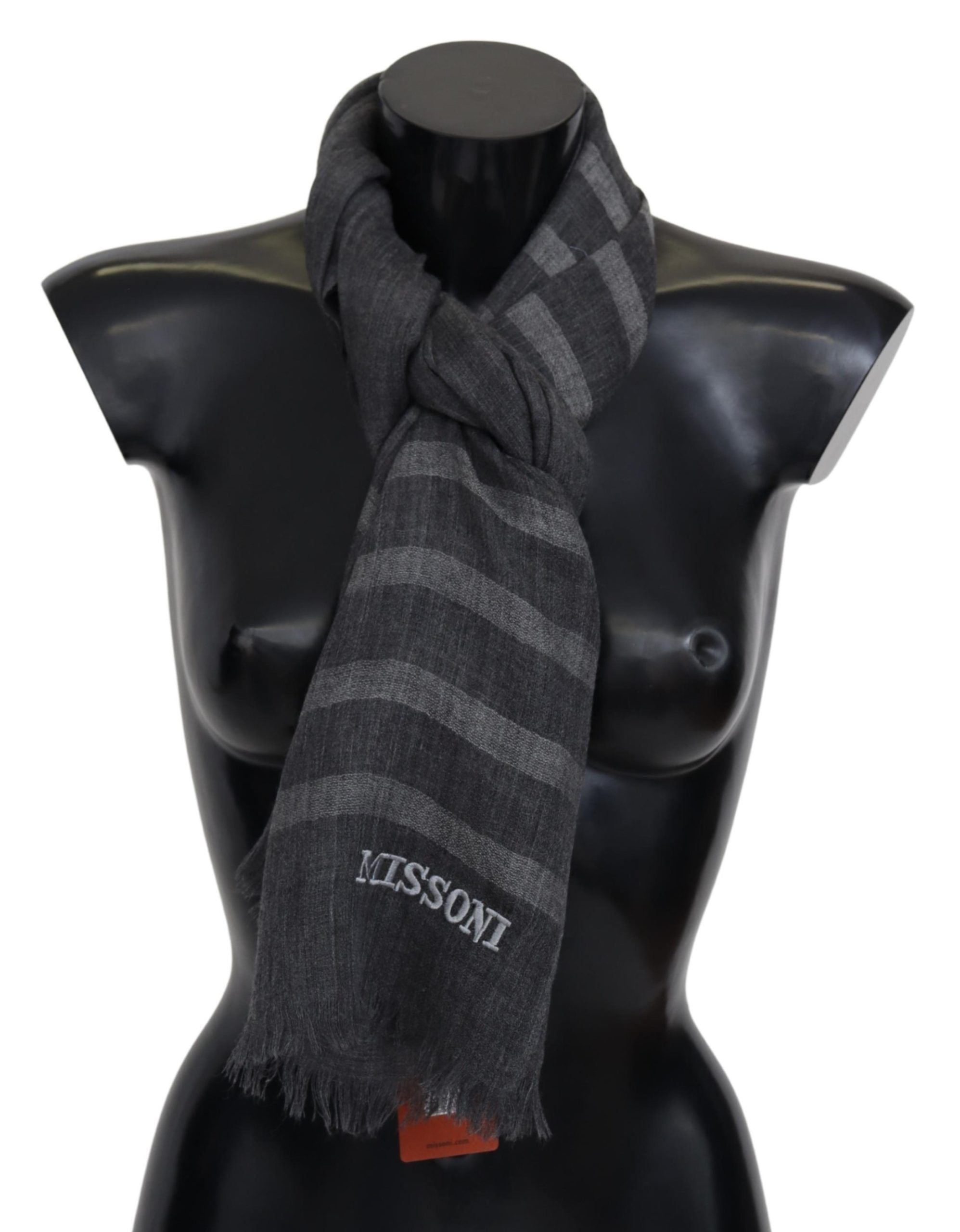 Missoni Grauer gestreifter Wollschal Unisex Halswickel Fransenschal