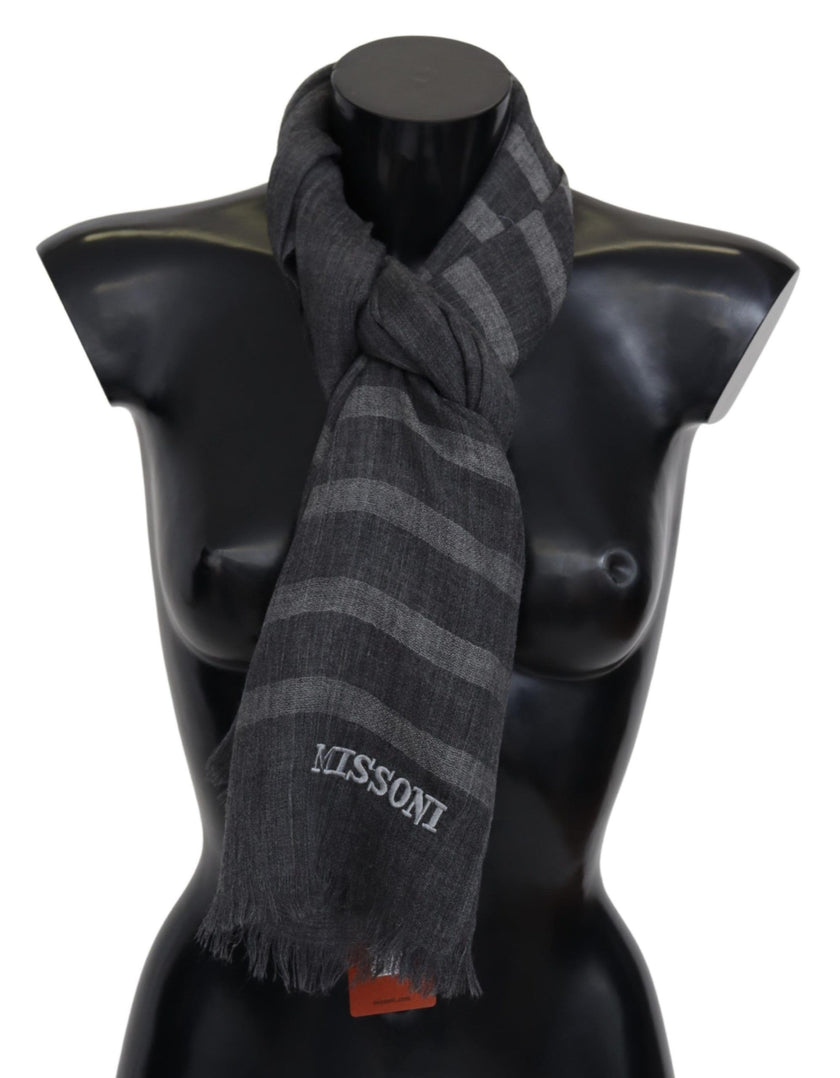 Missoni Grauer gestreifter Wollschal Unisex Halswickel Fransenschal