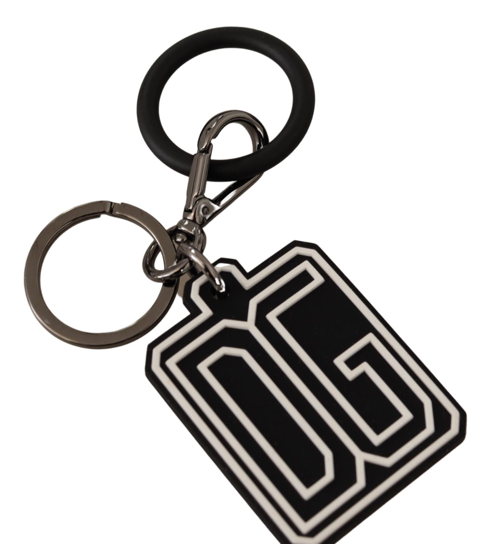 Dolce & Gabbana Schwarz Weiß DG Gummi Logo Silber Ring Schlüsselanhänger