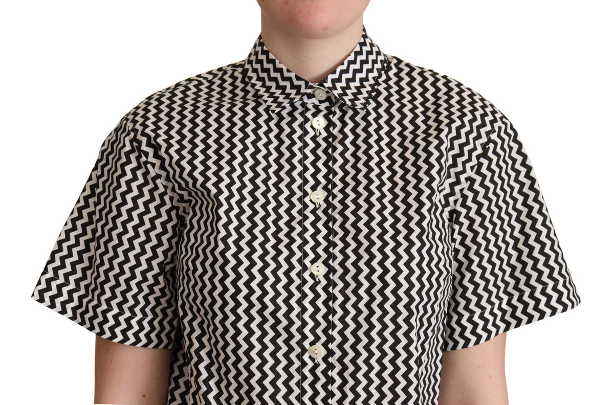 Dolce & Gabbana Schwarz Weiß Zickzack Kragen Baumwolle Top Shirt