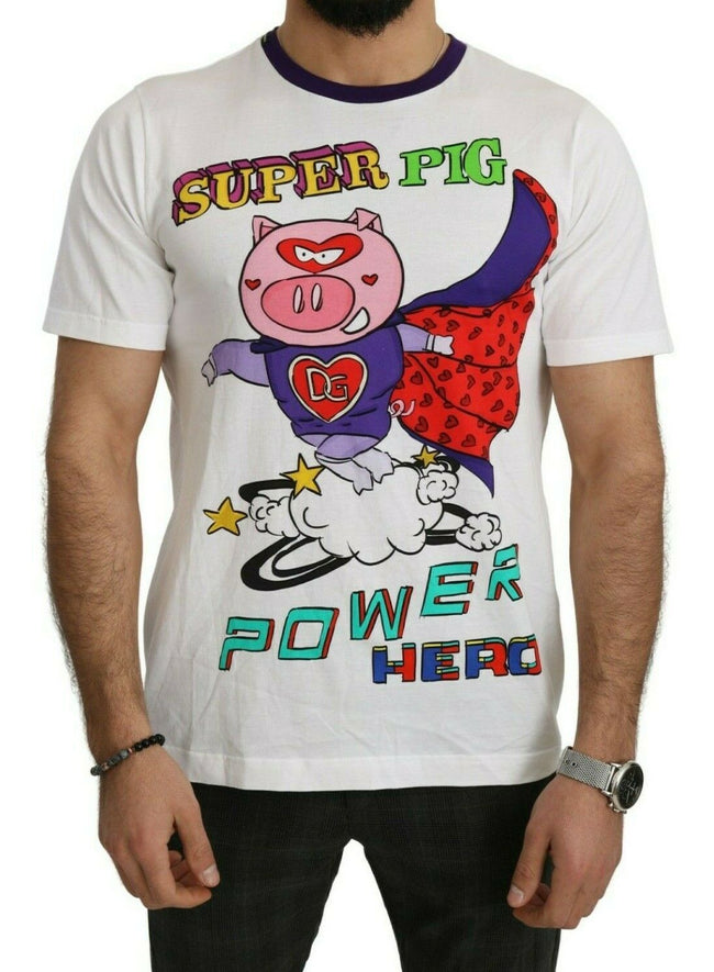 Dolce Gabbana T-Shirt weißes Baumwoll-Top mit Super Power Pig Motiv, Rundhalsausschnitt, Kurzarm, Regular Fit, Italien hergestellt