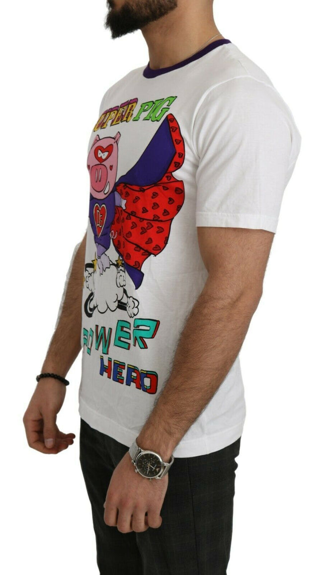 Dolce Gabbana T-Shirt weißes Baumwoll-Top mit Super Power Pig Motiv und Rundhalsausschnitt