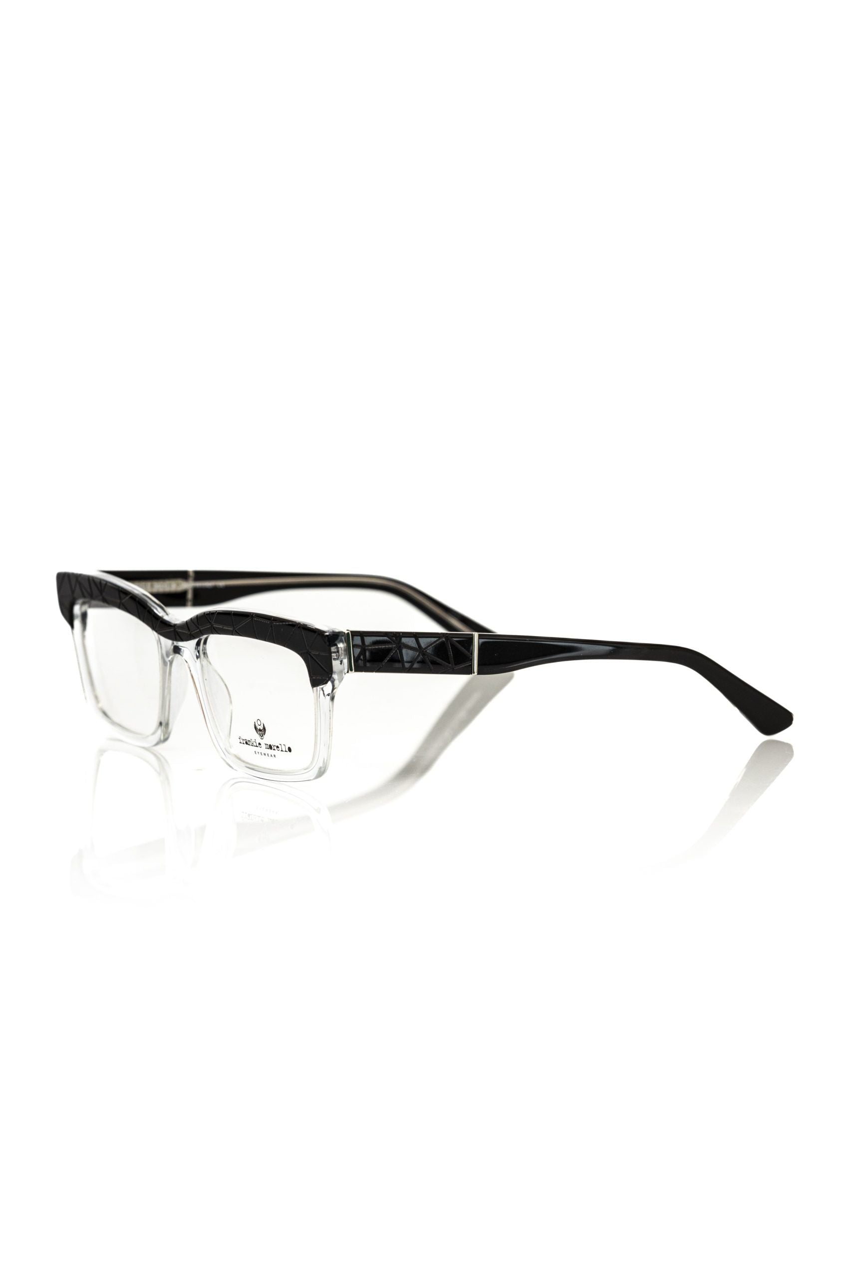 Schwarze Frankie Morello Clubmaster Brille aus transparentem Acetat mit geometrischem Muster und farbenfrohen Bügeln