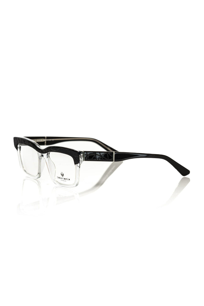 Schwarze Frankie Morello Clubmaster Brille aus transparentem Acetat mit geometrischem Muster und farbenfrohen Bügeln