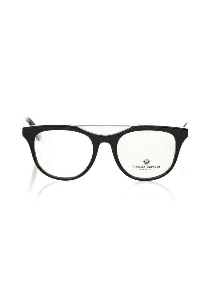Schwarze Frankie Morello Herrenbrille aus Acetat mit geometrischem Muster und Wayfarer-Design