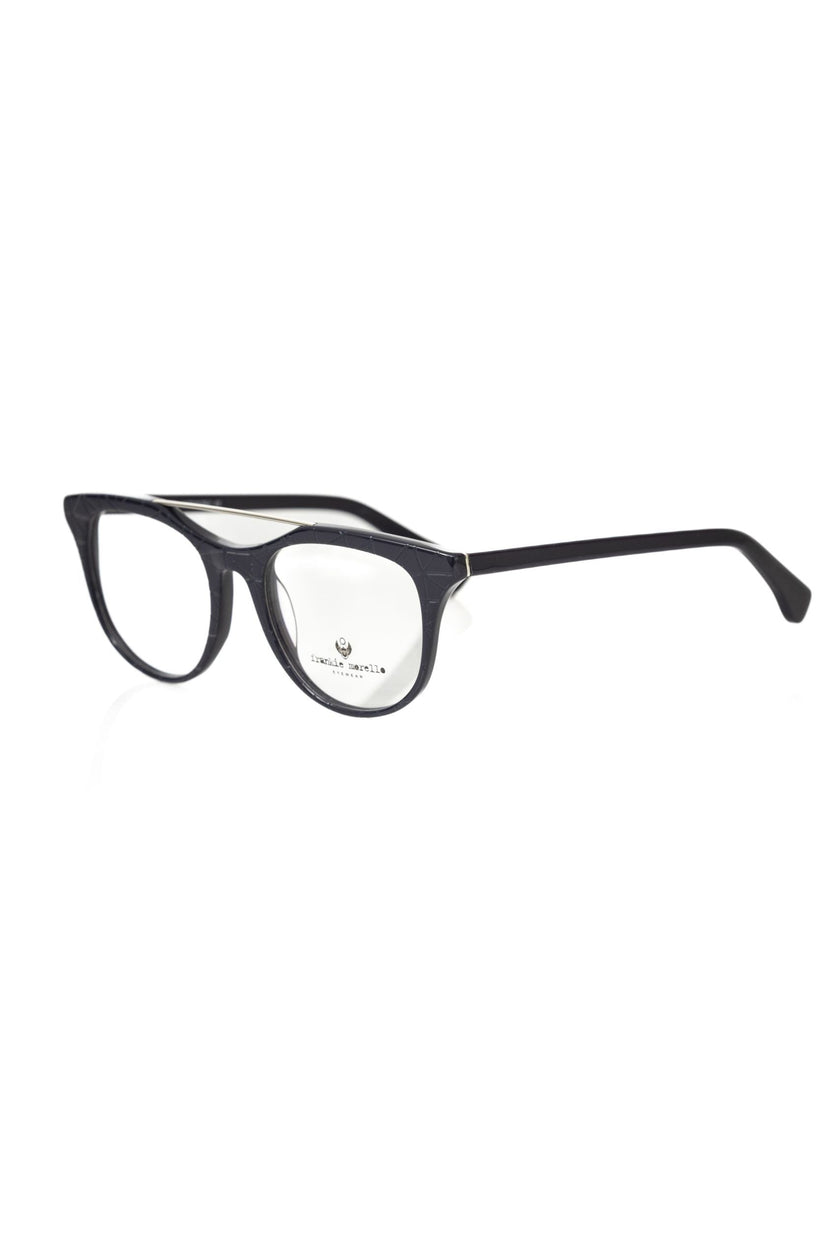 Frankie Morello blaue Herren-Acetat-Brille mit geometrischem Muster und verspielten Bügeln aus Italien