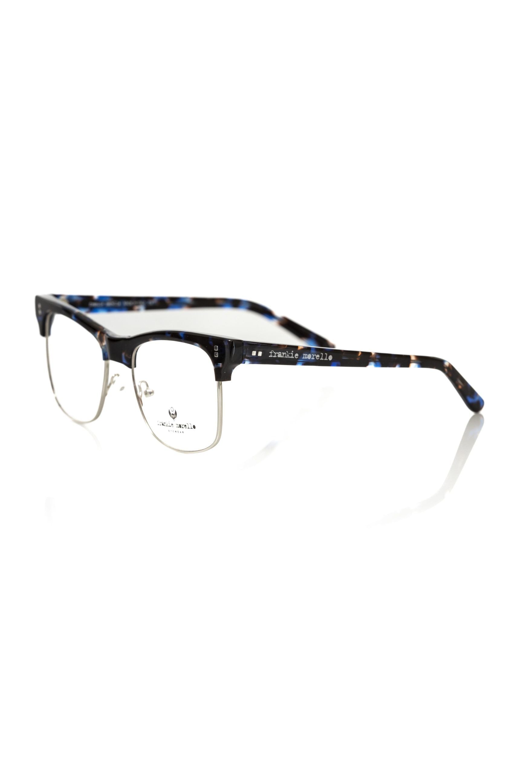 Frankie Morello Herrenbrille mit blauem Metallrahmen und Acetatbügeln, italienisches Design