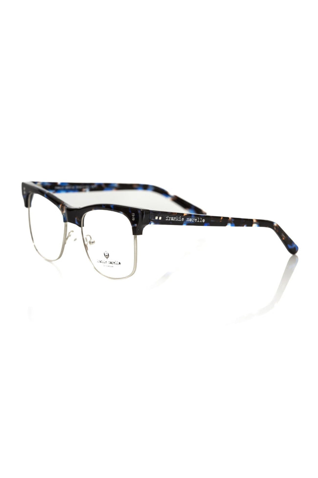 Frankie Morello Herrenbrille mit blauem Metallrahmen und Acetatbügeln, italienisches Design
