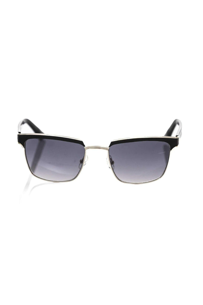 Frankie Morello Sonnenbrille aus schwarzer Metallfaser mit Clubmaster-Design und schwarzem Lederprofil