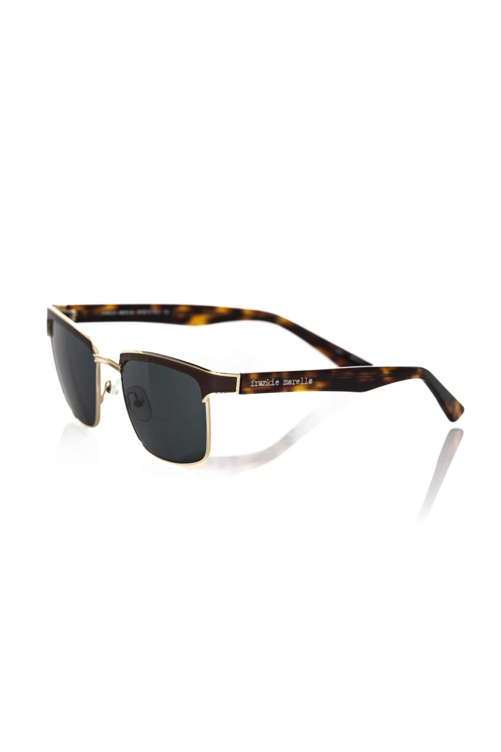 Frankie Morello braune Clubmaster-Sonnenbrille aus Metallfaser mit blauen Gläsern und Leder-Detail, hergestellt in Italien