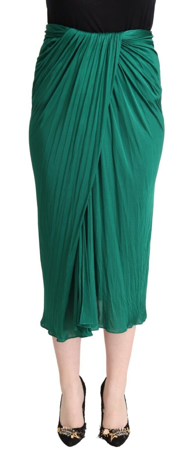 Dolce & Gabbana Dark Green High-Waisted Pleated Midi Pencil Skirt