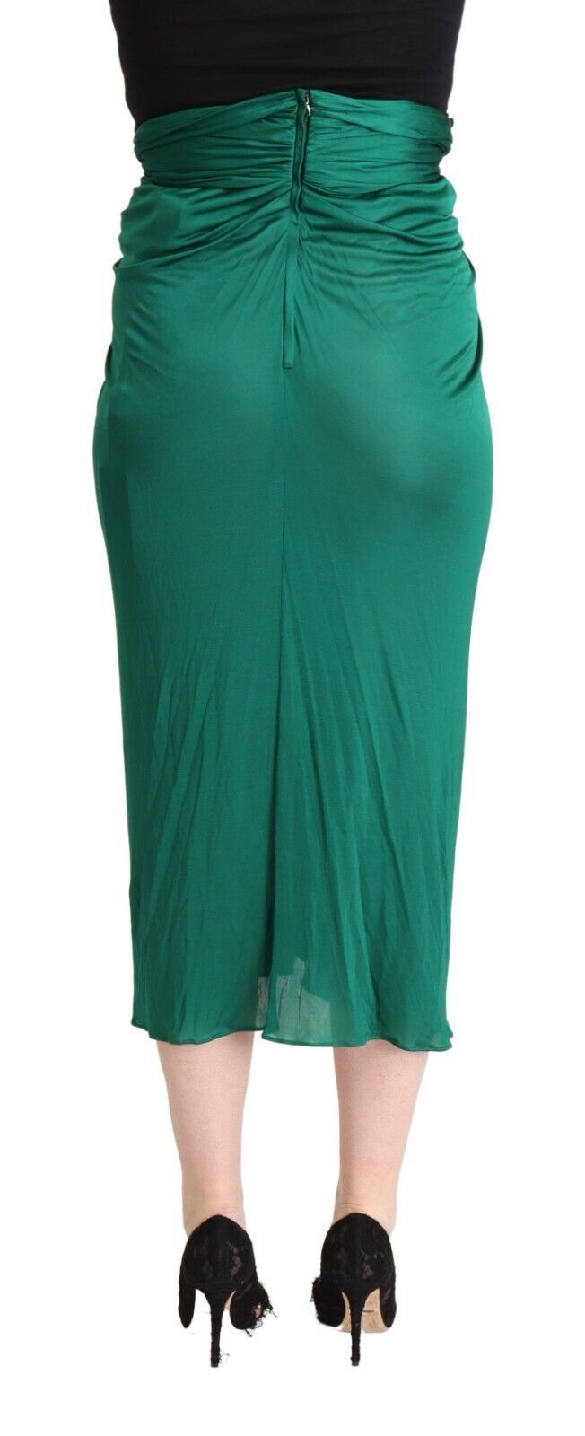 Dolce & Gabbana Dark Green High-Waisted Pleated Midi Pencil Skirt