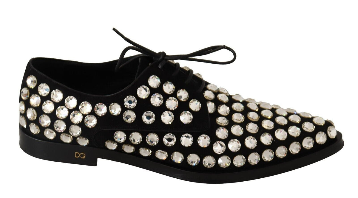Dolce & Gabbana Black Leather Crystal Lace-Up Formal Shoes