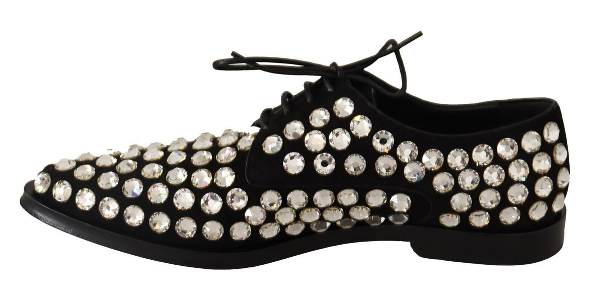 Dolce & Gabbana Black Leather Crystal Lace-Up Formal Shoes