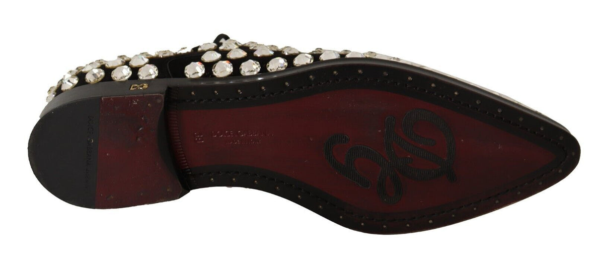 Dolce & Gabbana Black Leather Crystal Lace-Up Formal Shoes