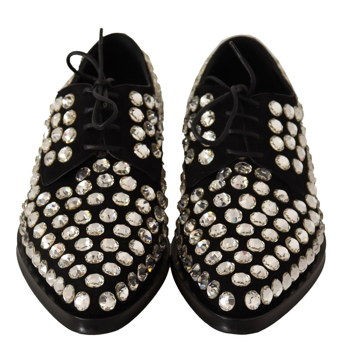 Dolce & Gabbana Black Leather Crystal Lace-Up Formal Shoes