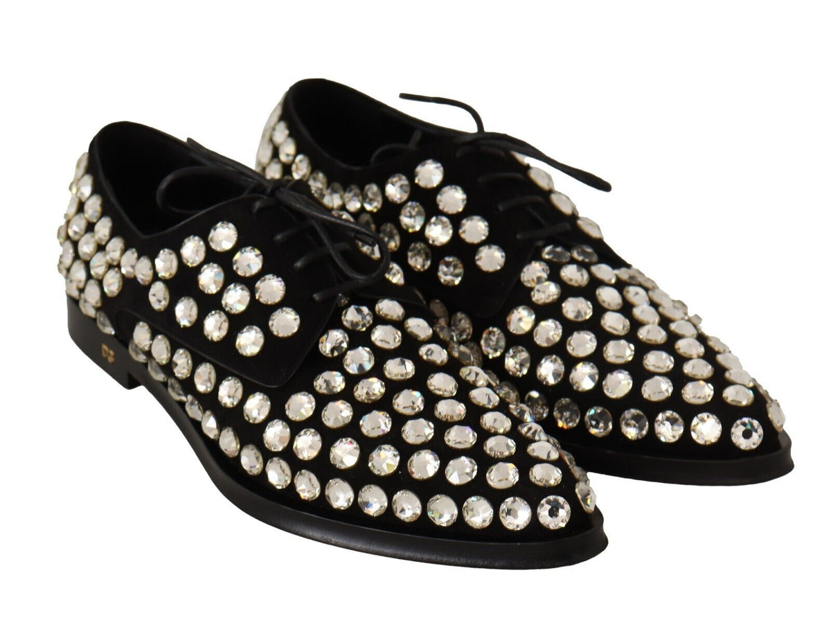 Dolce & Gabbana Black Leather Crystal Lace-Up Formal Shoes