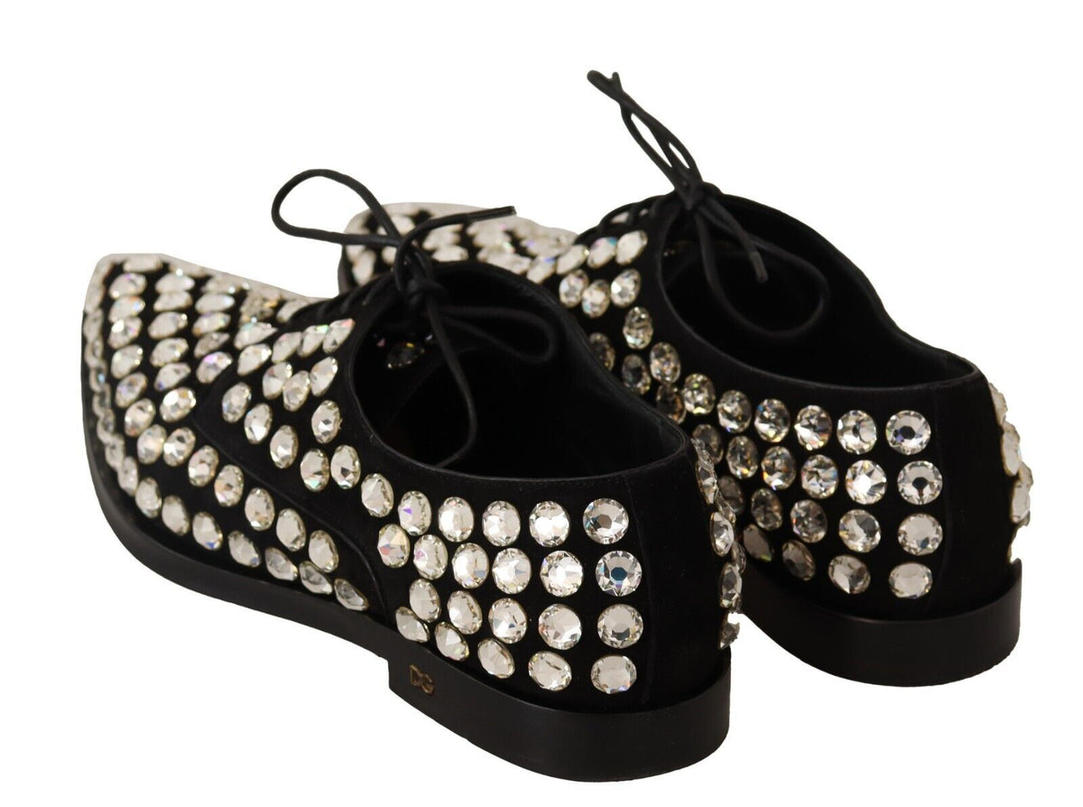 Dolce & Gabbana Black Leather Crystal Lace-Up Formal Shoes