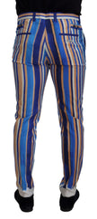 Dolce & Gabbana Blau gestreifte Seiden-Baumwoll-Schlank-Hose Hose