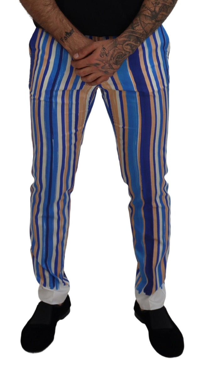 Dolce & Gabbana Blau gestreifte Seiden-Baumwoll-Schlank-Hose Hose