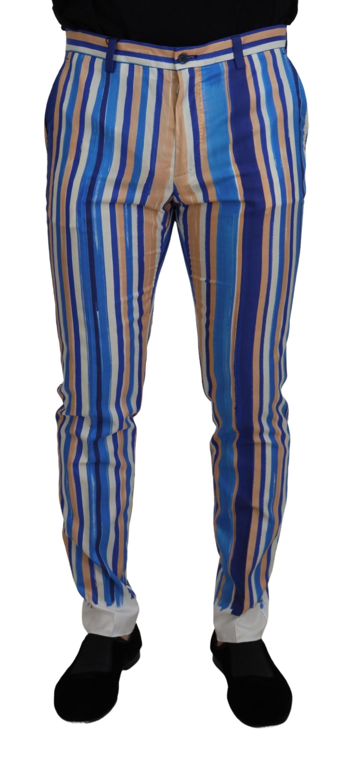 Dolce & Gabbana Blau gestreifte Seiden-Baumwoll-Schlank-Hose Hose