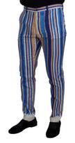 Dolce & Gabbana Blau gestreifte Seiden-Baumwoll-Schlank-Hose Hose