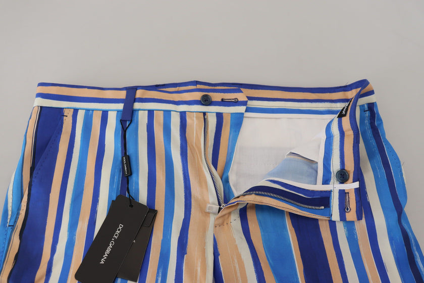Dolce & Gabbana Blau gestreifte Seiden-Baumwoll-Schlank-Hose Hose