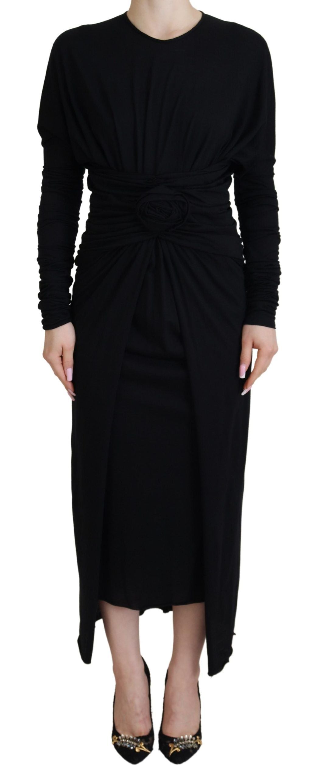 Dolce & Gabbana Black Sheath Midi Dress Wool Wrap Dress