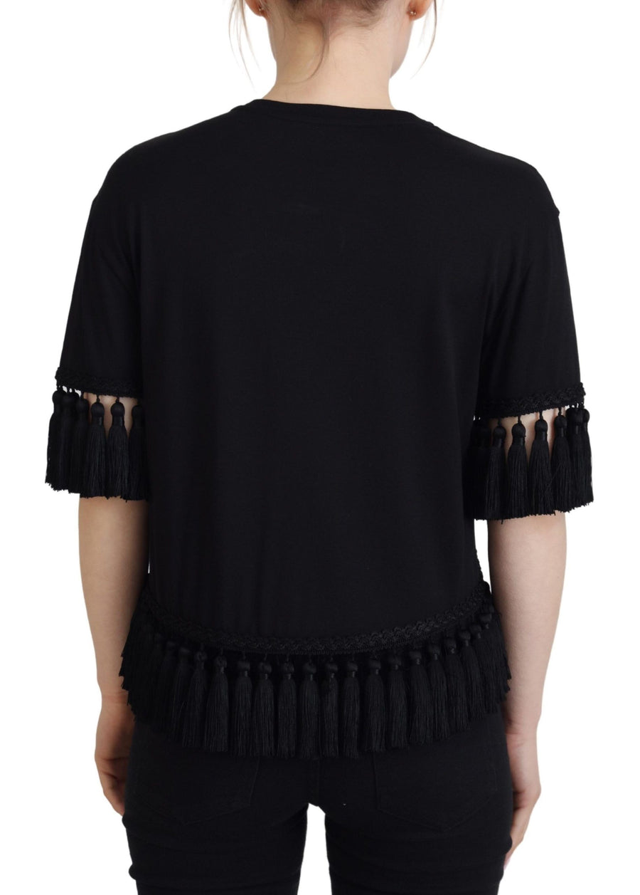 Dolce & Gabbana Black T-Shirt Blouse Tassel Cotton Blouse