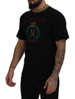 Dolce & Gabbana Schwarzes T-Shirt mit besticktem Rundhalsausschnitt aus Baumwolle