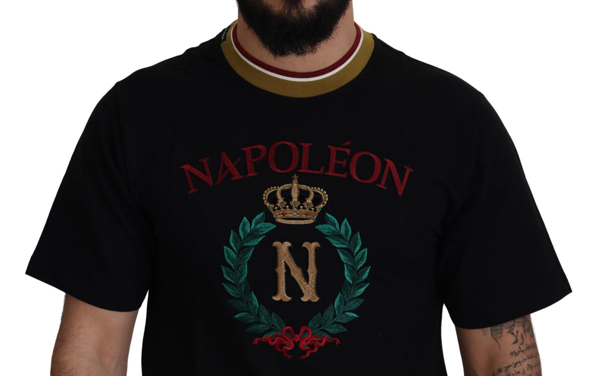 Dolce & Gabbana Schwarzes T-Shirt mit besticktem Rundhalsausschnitt aus Baumwolle