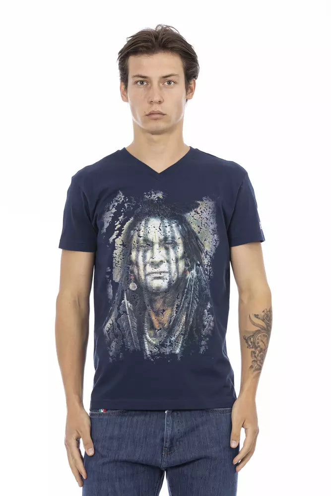 Trussardi Action Blaues Herren-V-Neck-T-Shirt aus Baumwolle