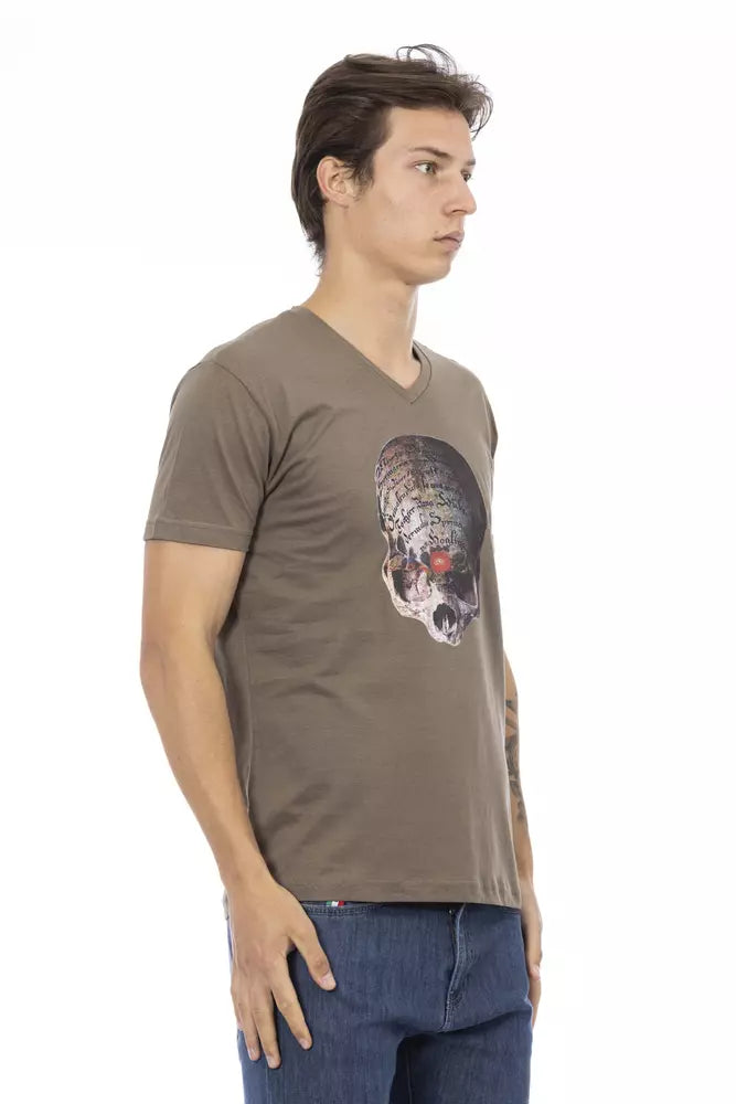 Trussardi Action Braunes Baumwoll-T-Shirt mit V-Ausschnitt für Herren